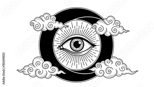 Mystical all-seeing eye with radiant light inside a crescent moon surrounded by ethereal clouds, black and white illustration.