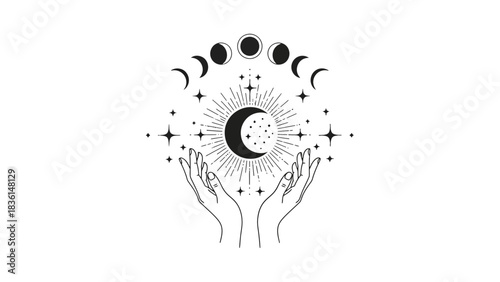 Mystical illustration featuring hands cradling a celestial sun, moon, and phases, surrounded by stars.