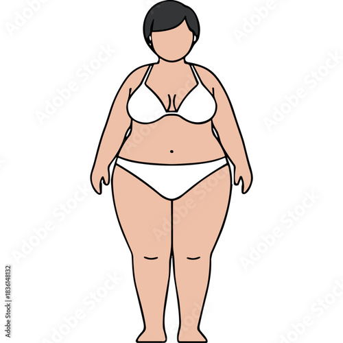 Illustration of a Curvy Woman in a White Bikini and Underwear Standing Against a Black Background Representing Body Positivity and Self Acceptance