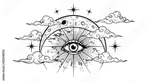Monochrome illustration of an eye with rays, crescent moon, clouds, and stars, evoking a mystical or spiritual theme.
