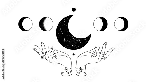 Mystical hands holding the celestial phases of the moon in a line art illustration.