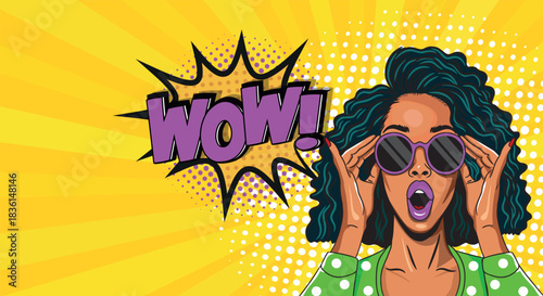 A beautiful woman in glasses is surprised in a wow pop art retro style.