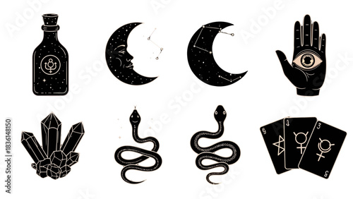 A collection of mystical and occult symbols including a potion bottle, crescent moons, a crystal cluster, snakes, a hamsa hand with an eye, and tarot cards.