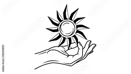 A hand gently cradling a stylized sun or starburst symbol in a black and white line art illustration.