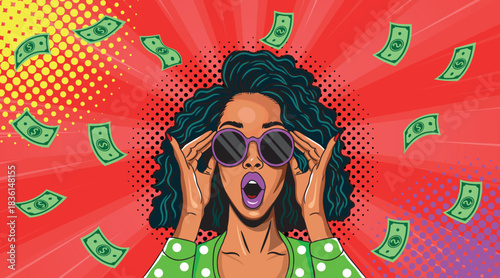 A beautiful woman with glasses and falling money is surprised in a pop art retro style