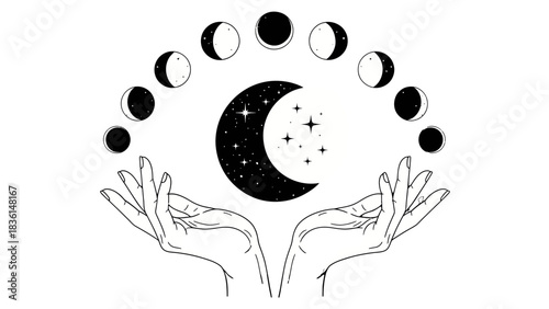 Hands holding crescent moon with stars and lunar phases in a line, black and white illustration.