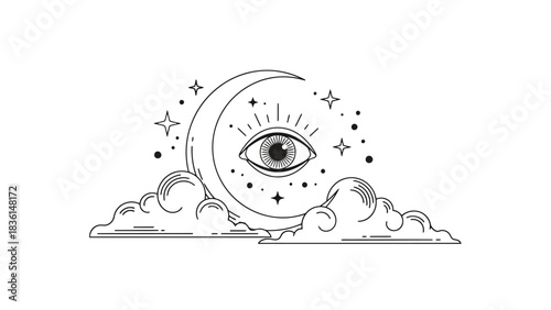 Mystical all-seeing eye in a crescent moon with stars and clouds line art illustration.