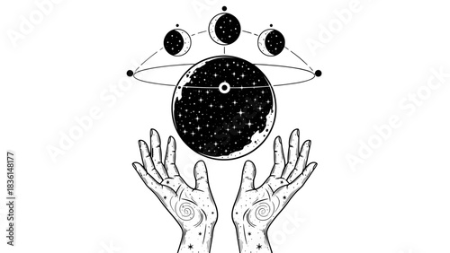 An artistic illustration of hands holding a celestial sphere with moons orbiting above, symbolizing cosmic control and spiritual connection.