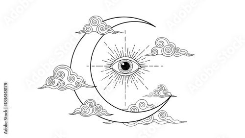 A mystical crescent moon with an all-seeing eye and stylized clouds, line art illustration.