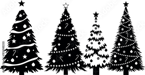 Christmas tree silhouettes set decorated with stars and baubles