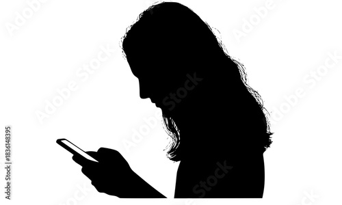 Silhouette of young woman looking down at a mobile phone, texting, browsing, or using social media, isolated on white background, showing screen addiction and poor posture