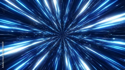 Fototapeta Naklejka Na Ścianę i Meble -  Blue hyperspace light streaks suitable for speed and technology concepts. This sci fi warp jump illustration conveys fast motion and future travel through the galaxy.