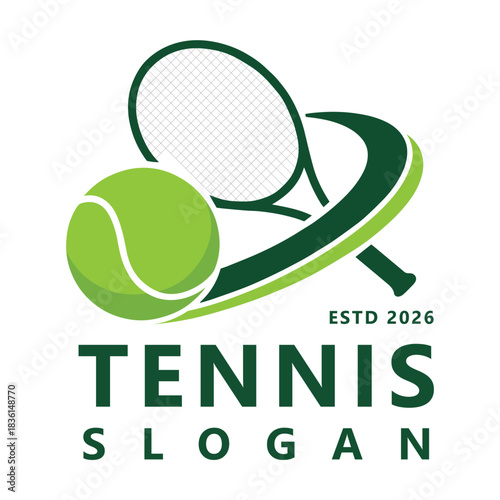 Tennis sports logo ball and racket design for simple and modern tournament championship sports