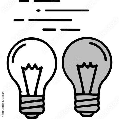 Iconic representation of a lit light bulb contrasted with a dark unlit light bulb symbolizing ideas innovation and contrast against a black background