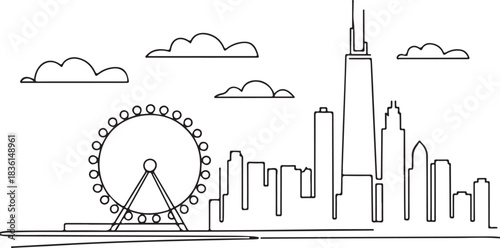 Continuous line illustration of the Chicago skyline with Navy Pier ferris wheel in a minimal elegant outline drawing