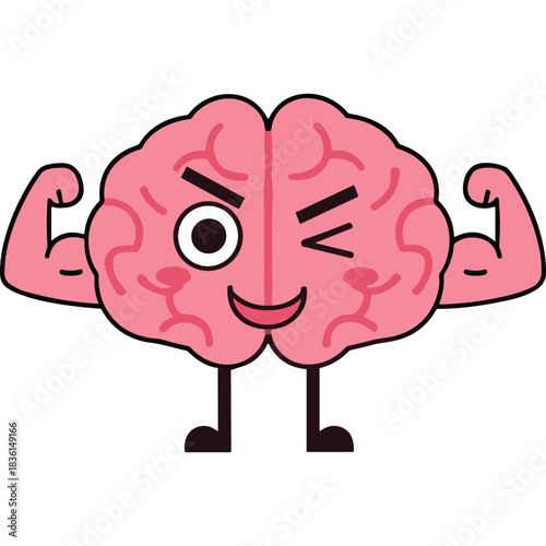 Illustration of a Muscular Pink Brain Character Winking and Flexing Biceps Against a Black Background with a Playful Expression