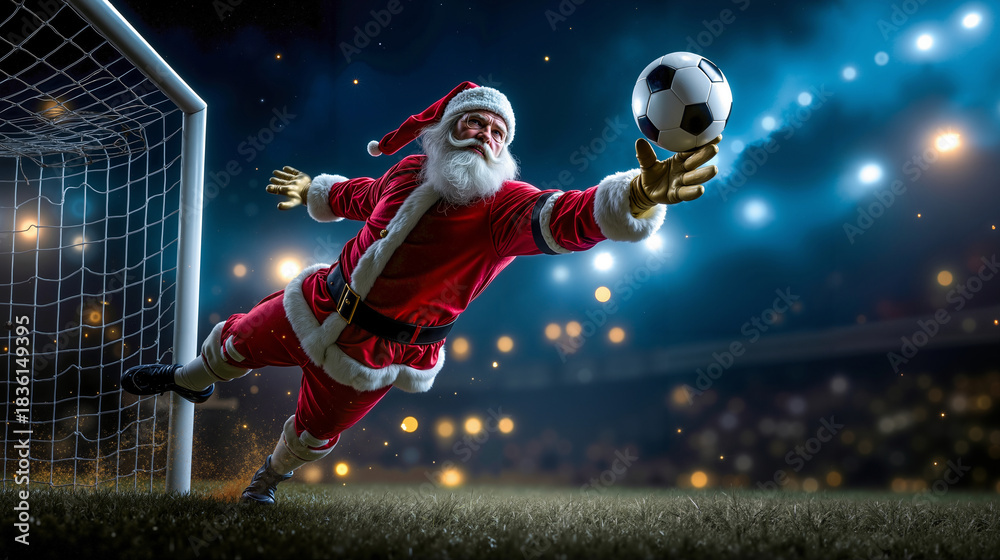 Obraz premium Santa claus kicking a soccer ball in front of a goal