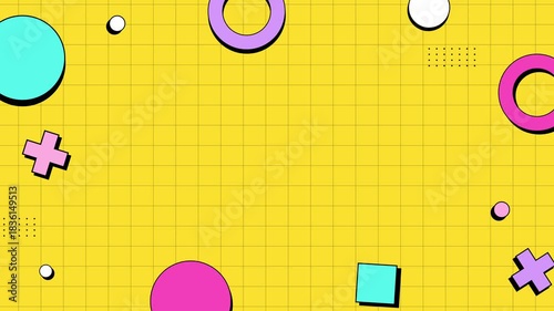Playful Memphis geometric background with clean grid and empty copy space for text or titles. Ideal for intro, presentation, template, animation, kids theme, or creative visual projects.