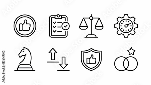 Business Strategy and Planning Icons in Black and White Representing Approval and Growth for Success
