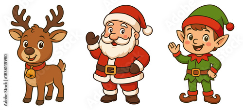 Christmas characters illustrations set. Santa Claus, Christmas elf and Reindeer. Cartoon clipart for Christmas decorations.
