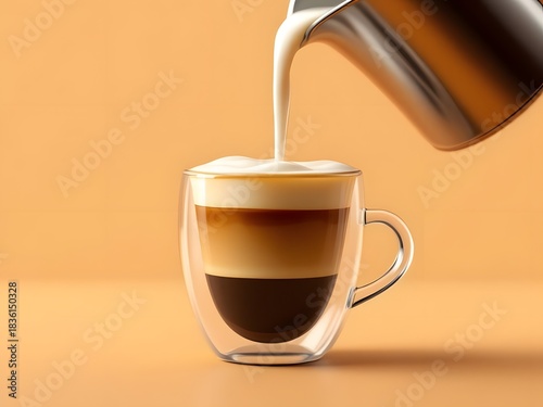 Pouring milk in a glass with espresso.
