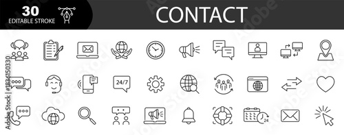 Contact line icons set. Contact icon.  Support, message, phone, globe, point, chat, call. Editable stroke. Vector illustration