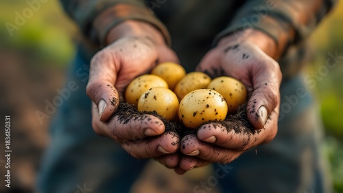 Harvesting potatoes in the field at the countryside. Selective focus. nature. Close up of farmer hands holding freshly dug organic potatoes.	

