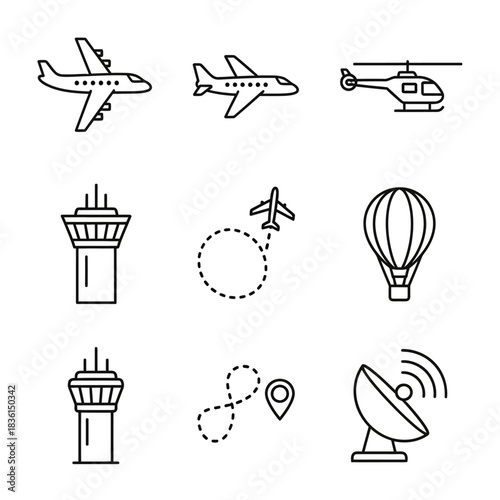 Travel icon collection featuring airplanes, hot air balloons, towers, and dotted travel routes in simple line art