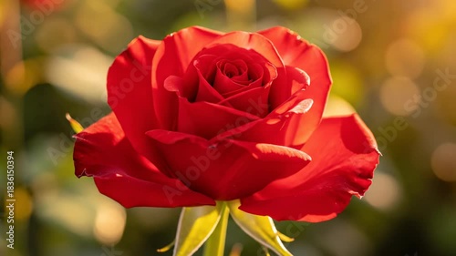 Cinematic shot of a perfect vibrant red rose bud slowly blooming and rotating under gentle golden hour lighting with shallow depth of field detail, gentle, rotating