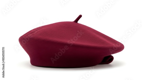 A close-up studio shot of a maroon beret isolated on a white background