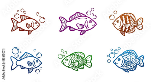 Cute hand-drawn fish illustration set featuring colorful marine species for aquatic and children's decorative themes