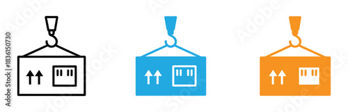 Shipping Container Crane Icon Set Symbol Vector Illustration. Shipping container cargo being lifted by crane logistics icon. 