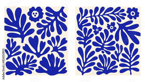 Abstract blue floral shapes and leaves arranged on a white background in a diptych.