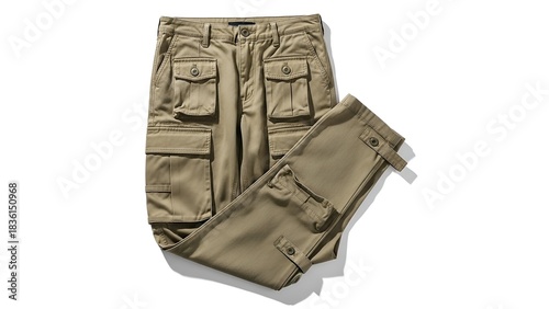 Khaki cargo pants folded on white background, multiple pockets, casual style