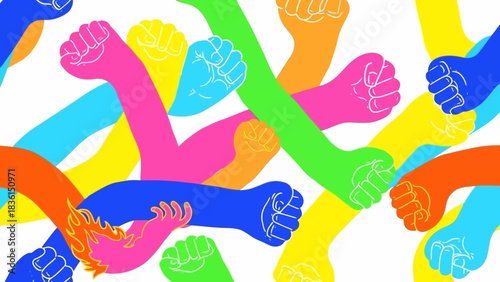 Multiple colorful arms with fists raised in a symbol of unity and strength on a white background.