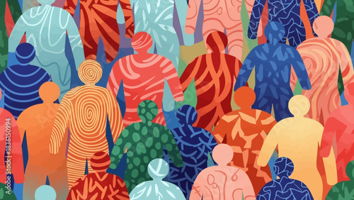 A diverse group of stylized, colorful people stand together in a crowd, representing unity and community.