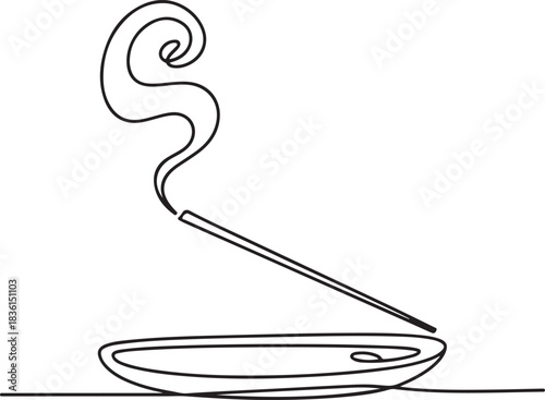 Continuous Line Art Illustration of an Incense Stick Holder Emitting Curling Smoke in Soft Sketchy Contour