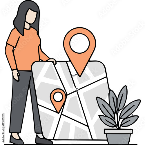 Illustration of a Woman Standing Next to a Large Map with Location Pins and a Potted Plant