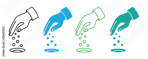 Hand seed icon. Human hand in a seeding gesture, sprinkling small particles like seeds. Symbol of planting, growth and agriculture. Sowing seeds of success with colorful hand graphics set.