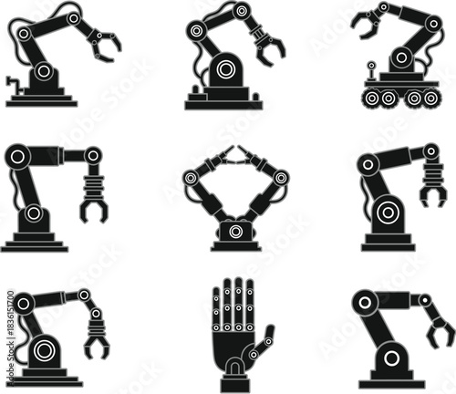 Collection of Nine Industrial Robotic Arms and Humanoid Hand Silhouettes Vector Icons for Manufacturing, Automation