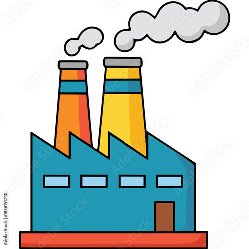 Industrial Factory Building With Orange And Yellow Chimneys Emitting White Smoke Under A Clear Sky With Blue Walls And A Brown Door On A Red Base
