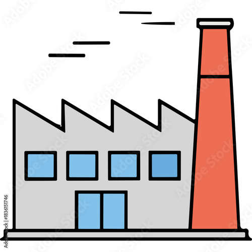 Industrial Factory Building With Tall Chimney And Rectangular Windows On A Black Background Symbolic Of Manufacturing And Production