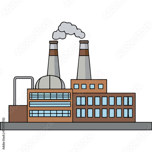 Industrial Factory Building with Two Tall Smoke Stacks Emitting White Smoke Against a Black Background Detailed Illustration of Manufacturing Plant Architecture