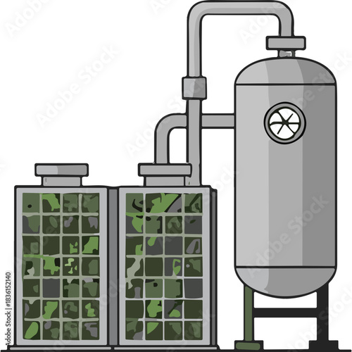 Industrial Water Treatment System with Vertical Tank and Two Cooling Towers Showing Green Algae Growth and Gray Pipes Under Natural Lighting