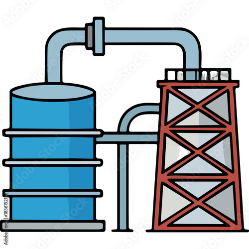 Industrial Oil Refinery Plant with Blue Storage Tanks and Red Metal Tower Against Black Background Simple Flat Design