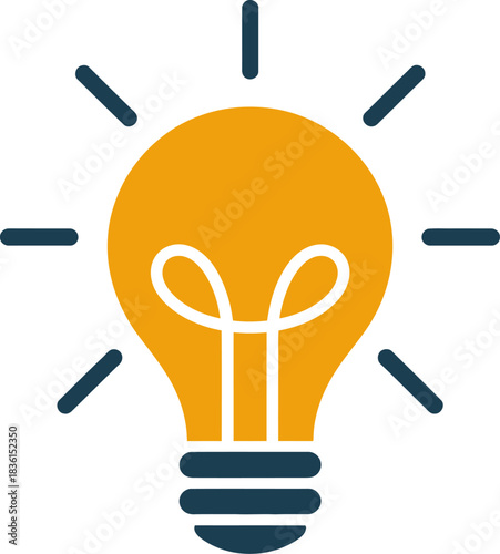 Bright orange light bulb with radiating lines on white background