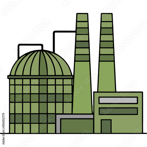 Industrial Factory Building with Tall Chimneys and Domed Structure Featuring Green Tones and Flat Design Against a Black Background