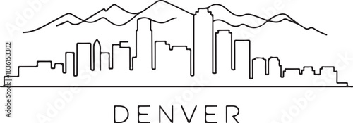 Continuous Line Art of Denver Skyline with Rocky Mountains Backdrop, Minimal Outline Landscape Illustration for AI Design