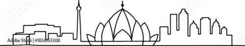 Continuous line illustration of the Delhi skyline with Lotus Temple in a minimal elegant outline drawing