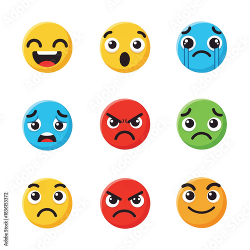 Cute expressive cartoon faces in a flat 2D vector illustration, featuring minimalist avatars showing various emotions on a clean white background.